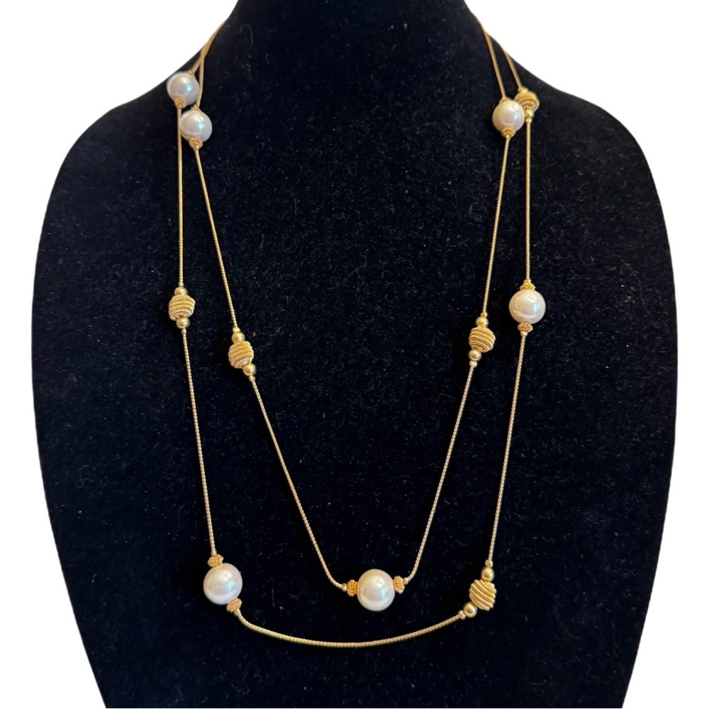 14K Gold Plated Vintage Gold Tone Faux Pearls & Gold Balls Necklace 60" Long